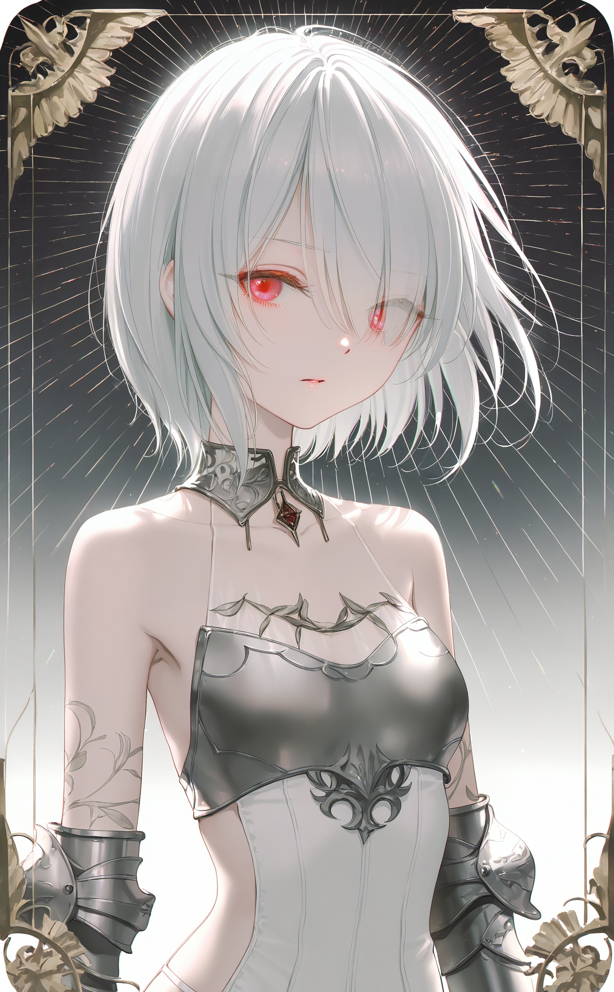 masterpiece,very aware,highres,absurdres,newest,best quality,loli,petite,high quality,chromatic_aberration,White Theme,//,1girl,solo,red eyes,breasts,bare shoulders,short hair,grey hair,medium breasts,multicolored hair,upper body,white hair,armor,gauntlets,hair over one eye,card (medium),collarbone,armpits,side cutout,//,photorealistic,Artist:na-ga,(quasarcake:0.2),(wanke:0.9),[Artist:chen bin],Artist:tidsean,[Artist:sk (askzy)],(artist:tokkyu:0.5),(artist:momoko (momopoco):0.5),Artist:himitsu_(hi_mi_tsu_2),//,<lora:paruno——【noob】hans:0.8>,