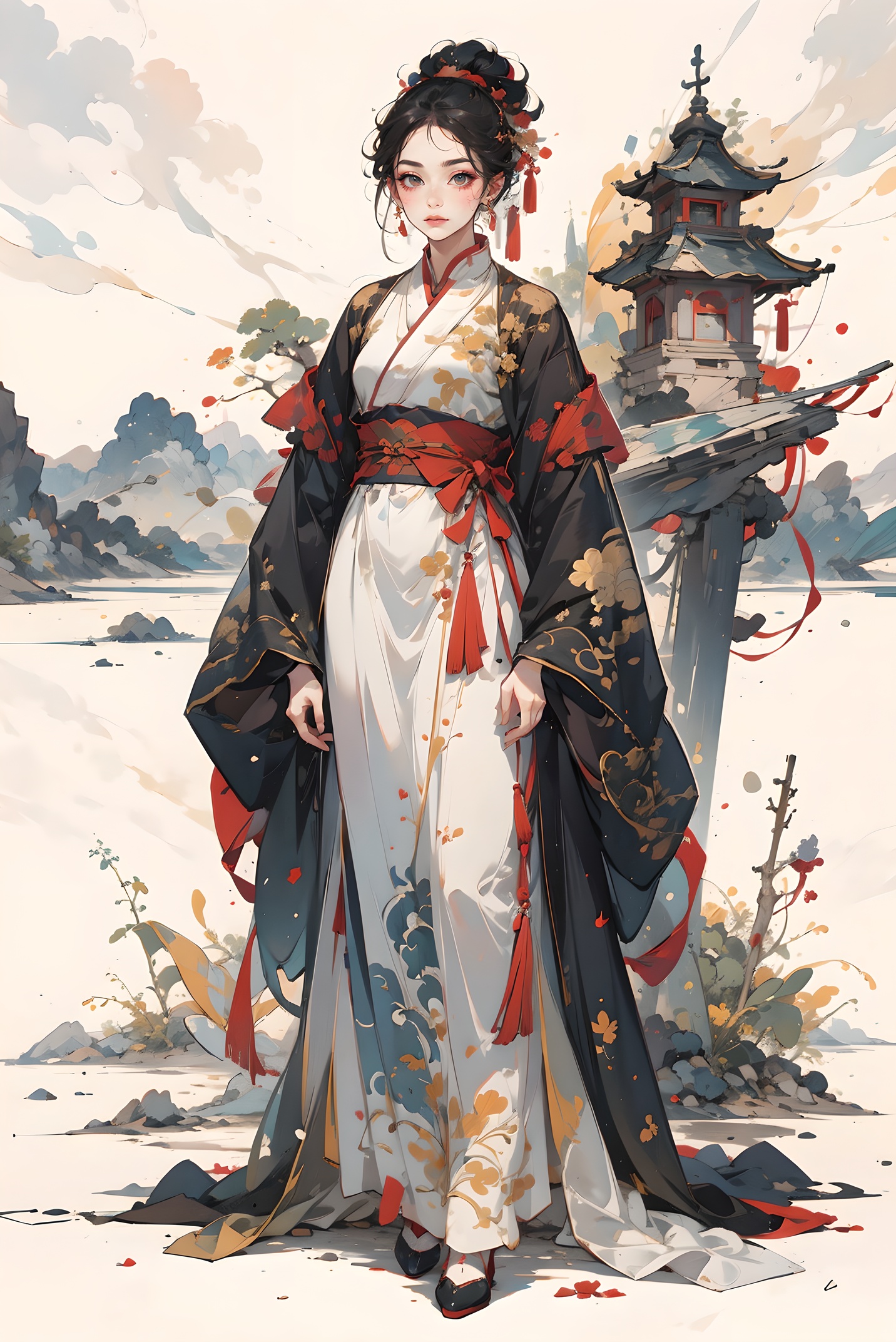 one girl,masterpiece,best quality,pigment,shoes,Facial detail,Landscape background,Tall and tall:1.35,Exquisite makeup,full body,(colorful:0.85),ancient China,<lora:hanfu:0.35>,<lora:linhe gufeng_20231016142654:0.65>,
