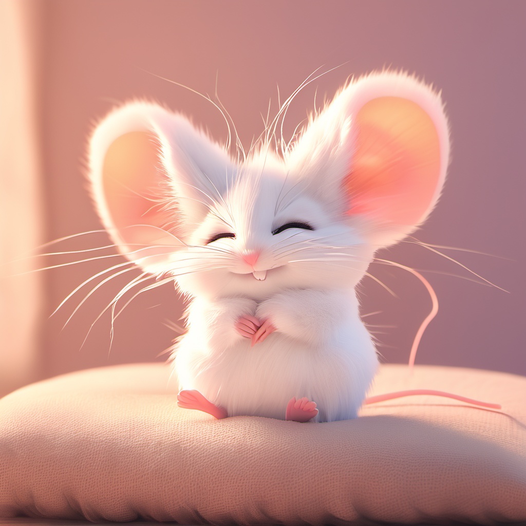 zishu,mouse,^ ^,:3,whiskers,cute,cc-color-correction,mf-movie-filter,warm colors,whimsy and dramatic lighting,white fur,big mouse ears,no humans,fluffy,mouse focus,closed eyes,blurry,facing viewer,solo,blurry background,smile,realistic,closed mouth,sitting,depth of field,full body,<lora:zishu_xl:0.8>,