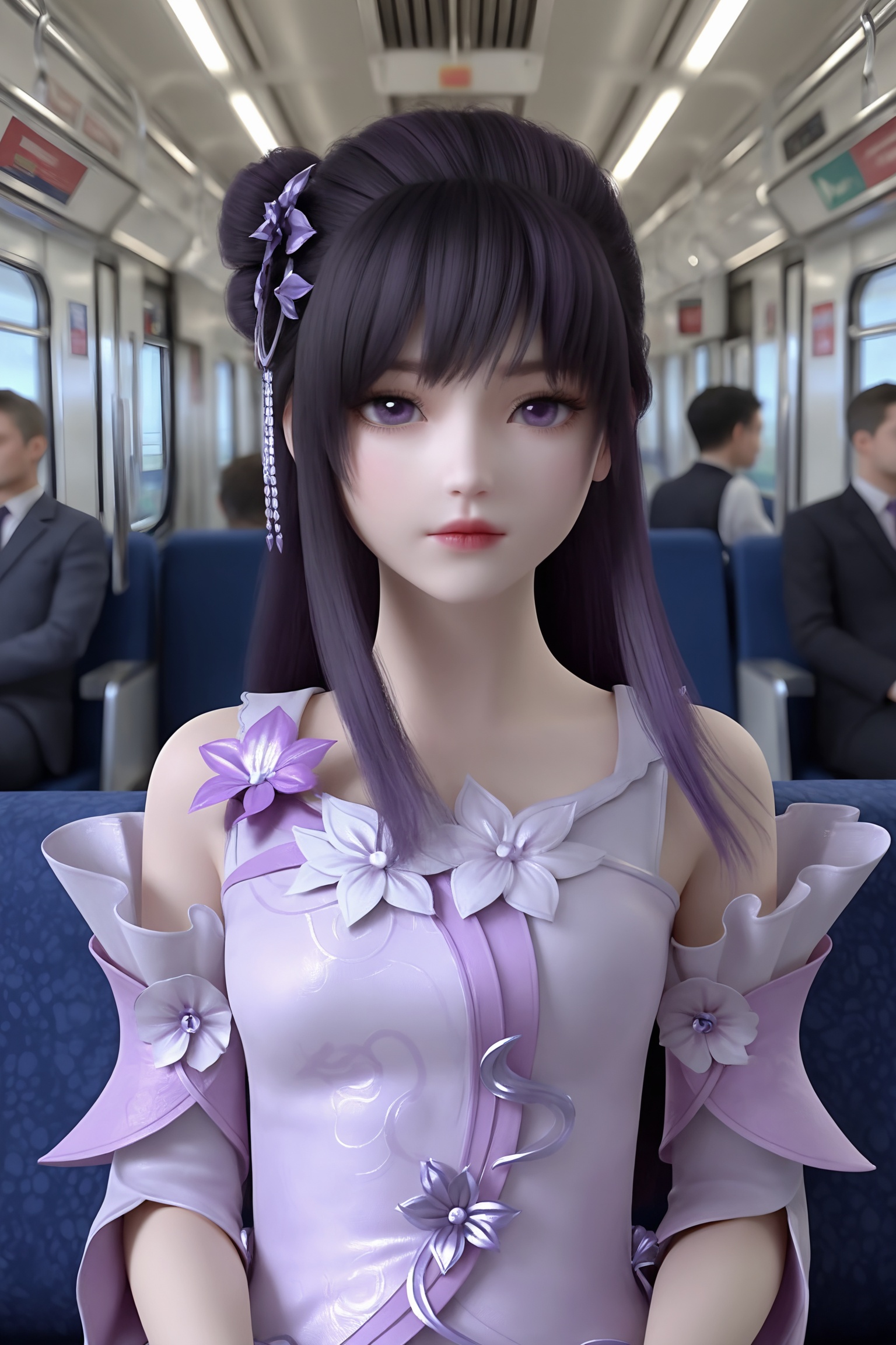 solo,1girl,solo focus,(perfect_anatomy:1.1),(upper_body:1.2),(portrait:1.1),sitting,(train_interior:1.1),(blurry_background:1.2),looking at viewer,<lora:完美世界-小月婵ILL08:0.7>,1girl,black hair,long hair,dress,hair bun,purple hair ornament,detached sleeves,