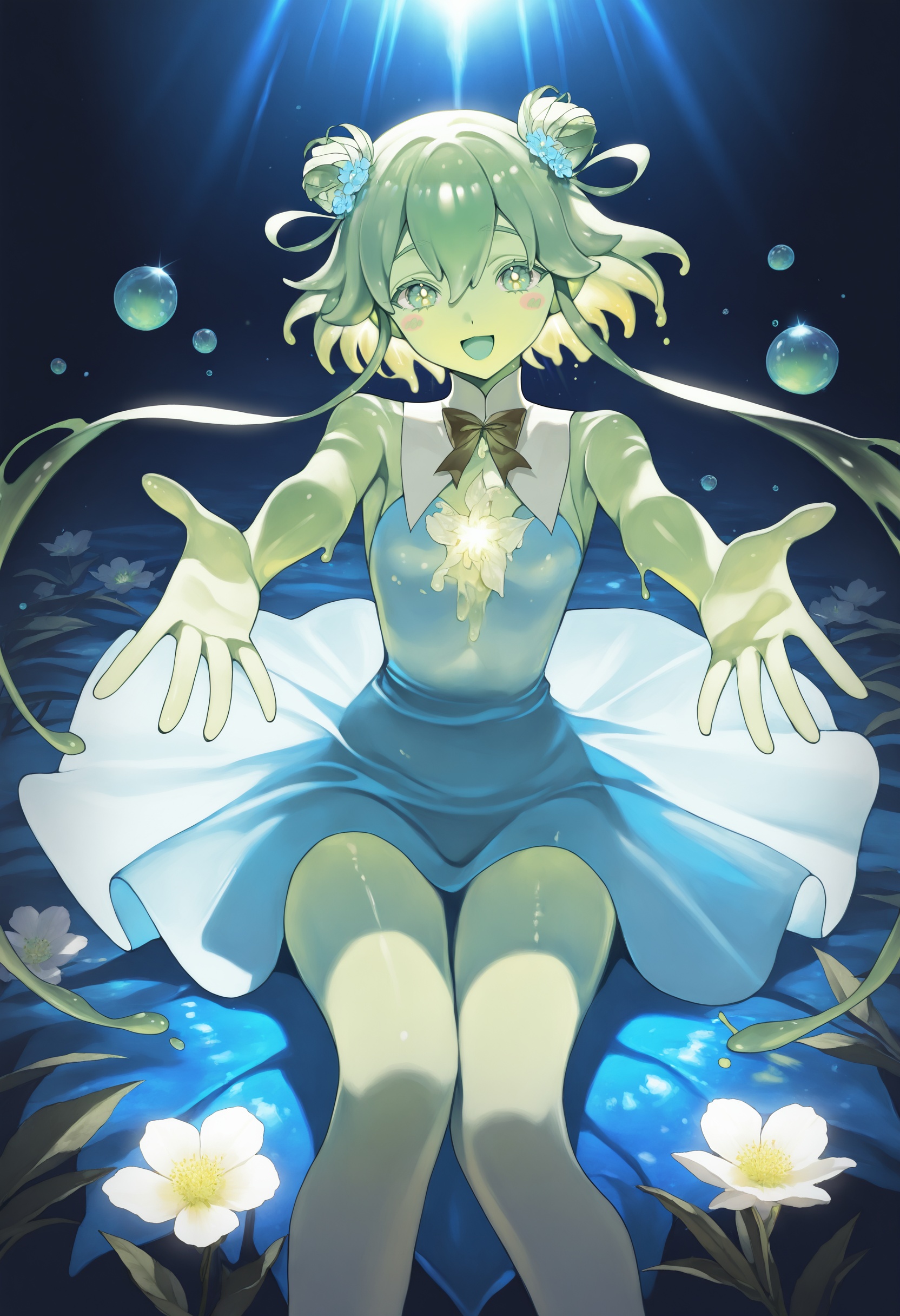 1girl, slime girl, translucent body, fluid form, glowing skin, light blue, teal, jelly texture, magical forest, sitting, fantasy, soft lighting, bubbles, ethereal, glowing, flower core, humanoid slime, fantasy creature, cute, soft expression, open mouth, multicolored skin, breasts, green hair, armpits, dress, hair between eyes, colored skin, yellow eyes, star \(symbol\), short hair with long locks, detached collar, bright pupil, spread fingers, solo, sleeveless dress, thigh gap, knees up, gem uniform \(houseki no kuni\), light rays, :d, looking at viewer, sparkle, aqua eyes, bow, bare legs, outstretched arms, smile, hair bun, light particles, white pupils, small breasts, magical being \(idolmaster\), bare shoulders, bowtie, floating hair, bare arms, glowing flower, hair ornament, blue theme, double bun, blonde hair, sleeveless, blush stickers,masterpiece, best quality