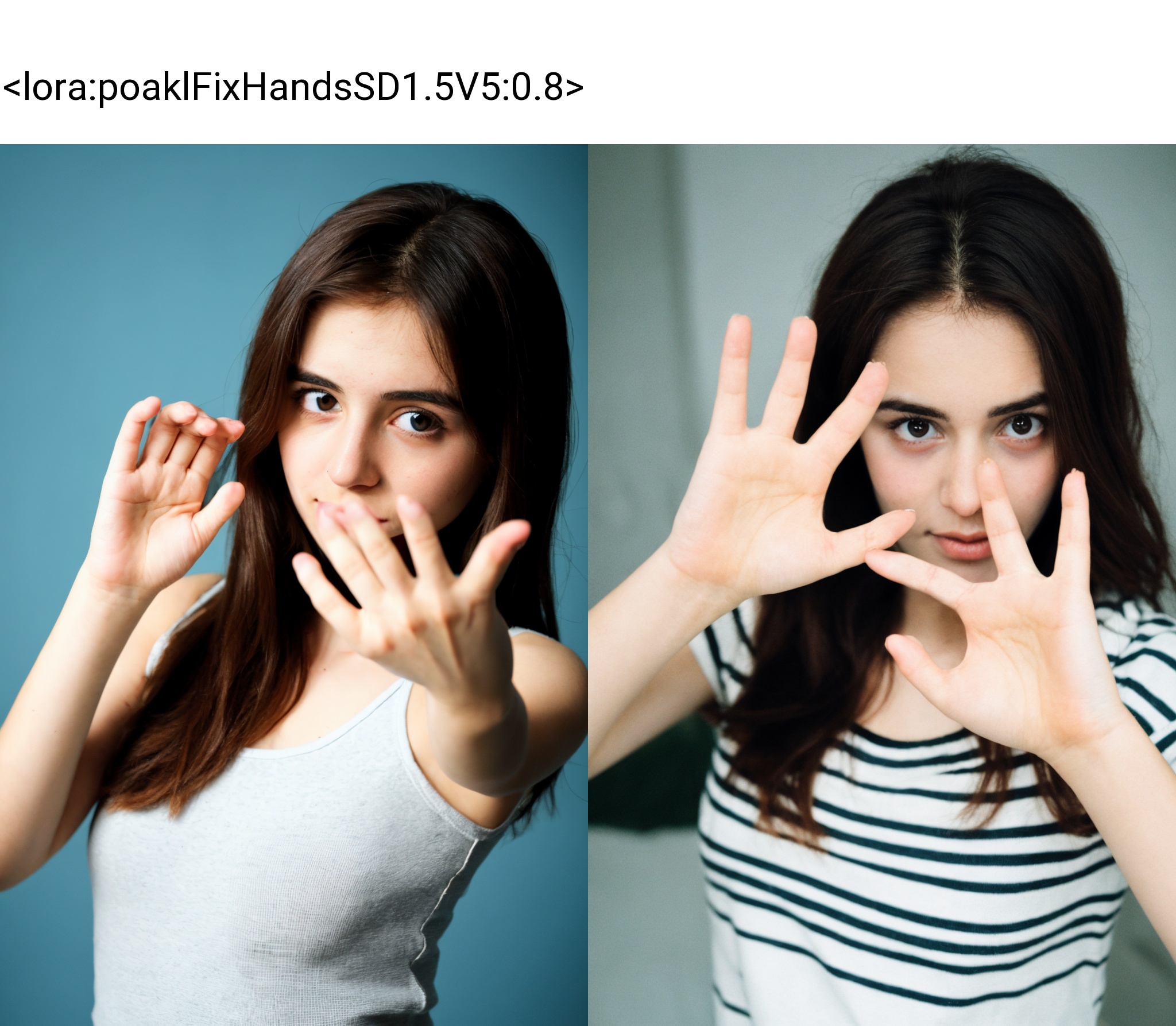 a young 20yo girl showing both of her hand fingers at camera with,  ((poakl)) on Tensor.Art