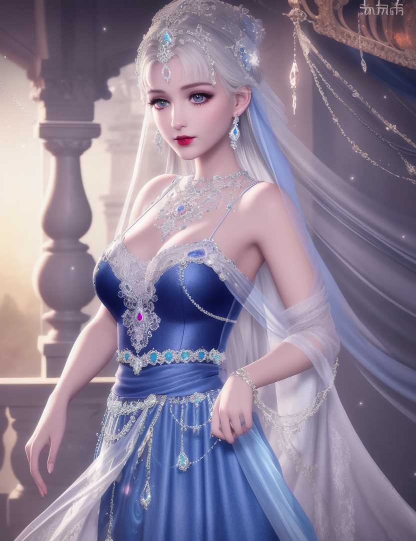 ultra realistic 8k cg, picture-perfect face, flawless, clean, masterpiece, professional artwork, famous artwork, cinematic lighting, cinematic bloom, perfect face, beautiful face, fantasy, dreamlike, unreal, science fiction, huge breasts, beautiful clothes, lace, lace trim, lace-trimmed legwear, (rich:1.4), prestige, luxury, jewelry, diamond, gold, pearl, gem, sapphire, ruby, emerald, intricate detail, delicate pattern, charming, alluring, seductive, erotic, enchanting, hair ornament, necklace, earrings, bracelet, armlet,halo ((,1girl:1.5,   solo, ))<lora:DA_NikkiChangEr2.0:0.6>