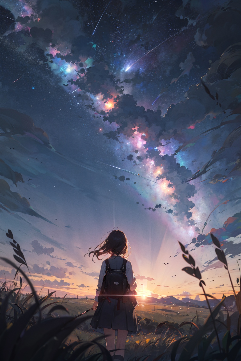 masterpiece,best quality,from behind,your name,1girl,solo,far away,silhouette,grass,nature,open field,landscape,night,shooting star,starry sky,