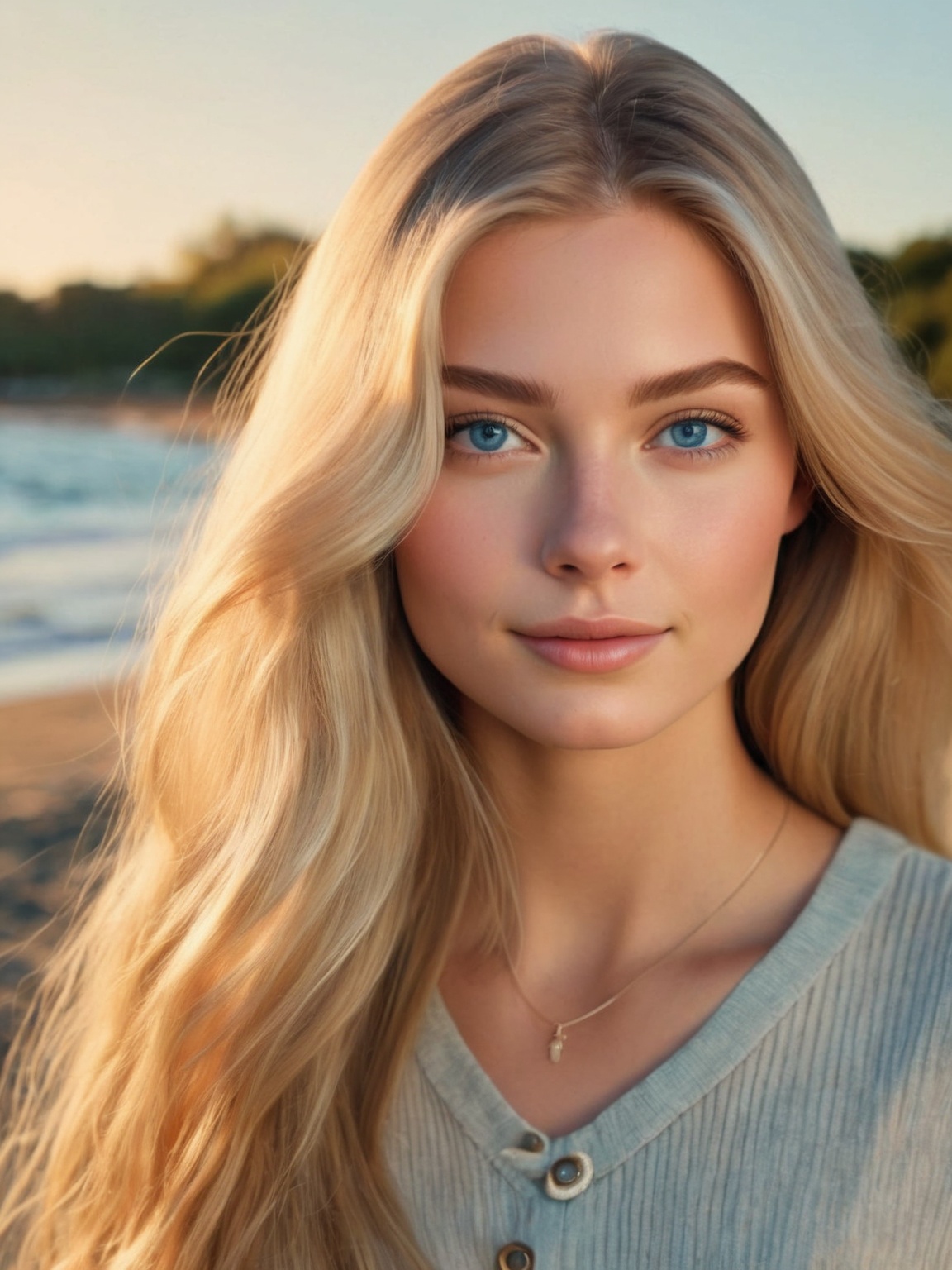 A photorealistic portrait of a 25-year-old American girl with long,  flowing blonde hair and striking blue eyes. She shoul...