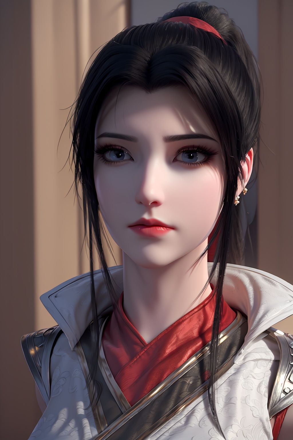 3D,masterpiece,(best quality),(makeup),official art, extremely detailed cg 8k wallpaper,((crystalstexture skin)), (extremely delicate and beautiful),(highly detailed),(face),(ponytail),(collar),(1girl), (solo), (jewelry), (earrings),(black_hair),(long_hair),(hair_ornament),(handwear),(breast),((portrait)),(dress),(chinese_clothes),(multicolored_clothes),(multicolored_dress),,(shiny_clothes),(armored_dress),(closed_mouth),(room,bed),((looking_at_viewer)),((Facing the camera)),, <lora:hipoly3DModelLora_v10:0.3>