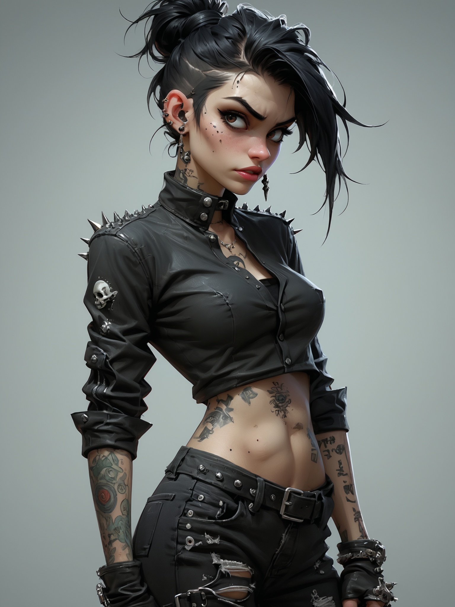 goth girl,  her messy jet black hair is pulled back in a ponytail,  the scars over her face are prominent but look old on...