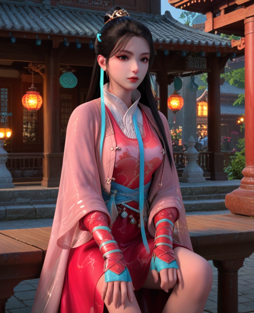 (oriental architecture, elegant decor, sophisticated style:1.1),(hands on knees:1.1),(breasts:1.2),<lora:XL少年歌行尹落霞:0.95>,miss yinluoxia,pink chiffon outerwea with red dress underneath,black hair,long hair,azure hair ribbon,white lingerie collar,brown eyes,hair ornament,blue waist tie,eyeshadow,lips,fingerless gloves,, score_9,score_8_up,score_7_up,score_6_up,score_5_up,score_4_up,3d rendering,tag1,tag2, Cinematic Lighting,backlighting,
