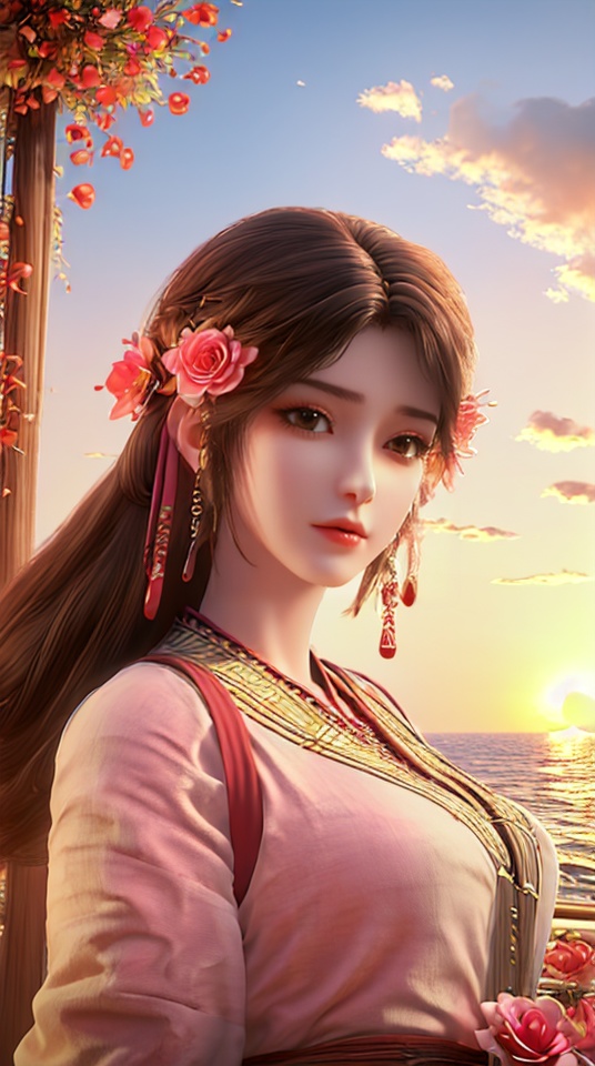 hle,1girl,solo,outdoors,(looking_at_viewer:1.2),headpiece,jewelry,chinese clothes,earrings,hair flower,hair ornament,jitome,outdoors,sky,flower,tree,cloud,sunset,pink flower,sun,sunlight,<lora:火灵儿-上界装扮-王导:0.8>,<lora:玫瑰花场景-王导:0.8>,over the sea,sand,pink roses,