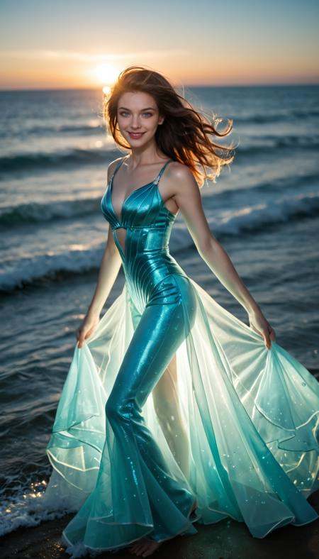 score_9_up, score_8_up, score_7_up, Raw Photo, Portrait, girl, stunning cute, seductive, innocent, light smile:0.3, plump lips, slender body, dances among the waves, Glowing Blue illuminate, eerie glow, grace and mystery, night, radiant aura, phosphorescent glow of the sea, luminous beauty, mesmerizing spectacle, captivating, ocean background, depth of field, dynamic angle, photo realistic:1.4, realistic skin:1.4, fashion photography, sharp, analog film grain, hyperdetailed:1.15