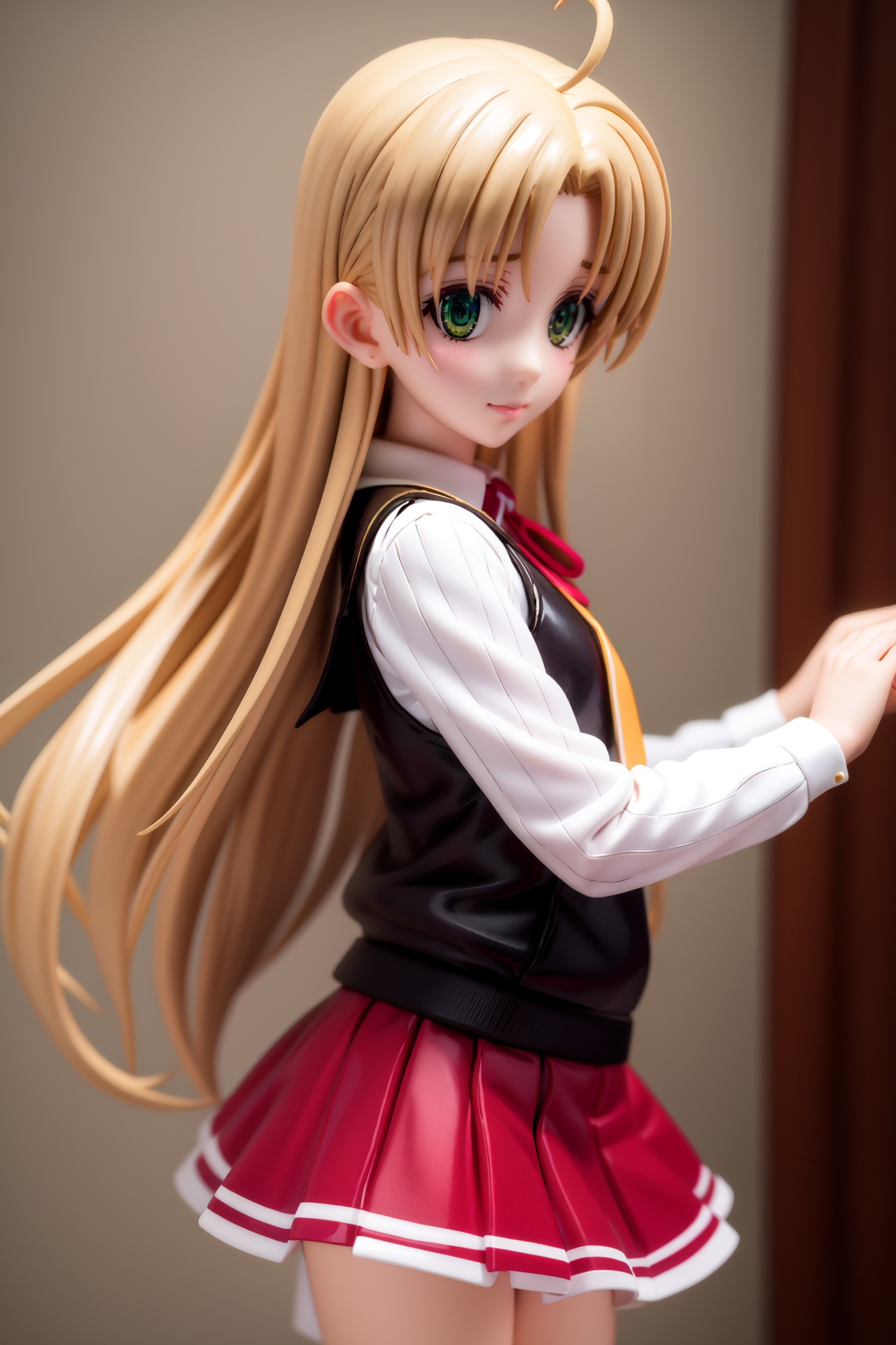 pvc style,asiaargento, <lora:asia argento anime s1-lora-nochekaiser:1>,asia argento, long hair, blonde hair, (green eyes:1.3), (parted bangs:1.5), ahoge, smile, (small breasts:1.2),BREAK skirt, shirt, long sleeves, ribbon, school uniform, pleated skirt, vest, red skirt, sweater vest,BREAK indoors, classroom,BREAK looking at viewer, (cowboy shot:1.5),BREAK (masterpiece:1.2), best quality, high resolution, unity 8k wallpaper, (illustration:0.8), (beautiful detailed eyes:1.6), extremely detailed face, perfect lighting, extremely detailed CG, (perfect hands, perfect anatomy),figma,full body, 