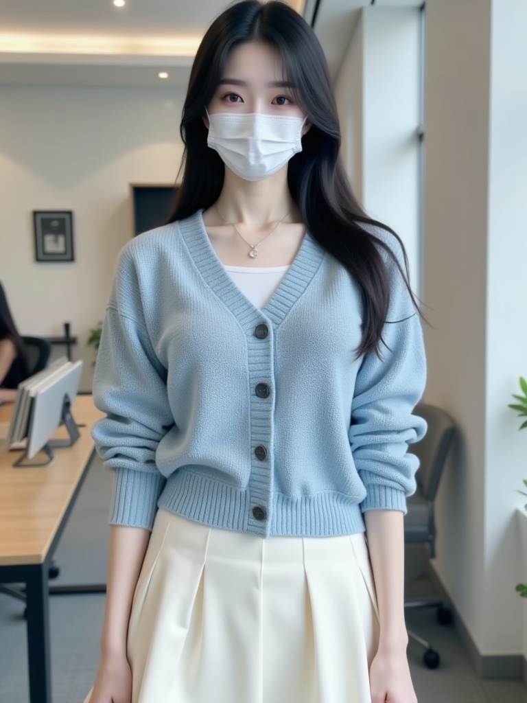 wear mask,A long black hair Asian woman wearing a mask,Fuzzy background,In the office,wear A light blue knitted cardigan with white short sleeves,gentle and generous,and wear a knee-length A-line skirt to add a hint of sweetness.,
