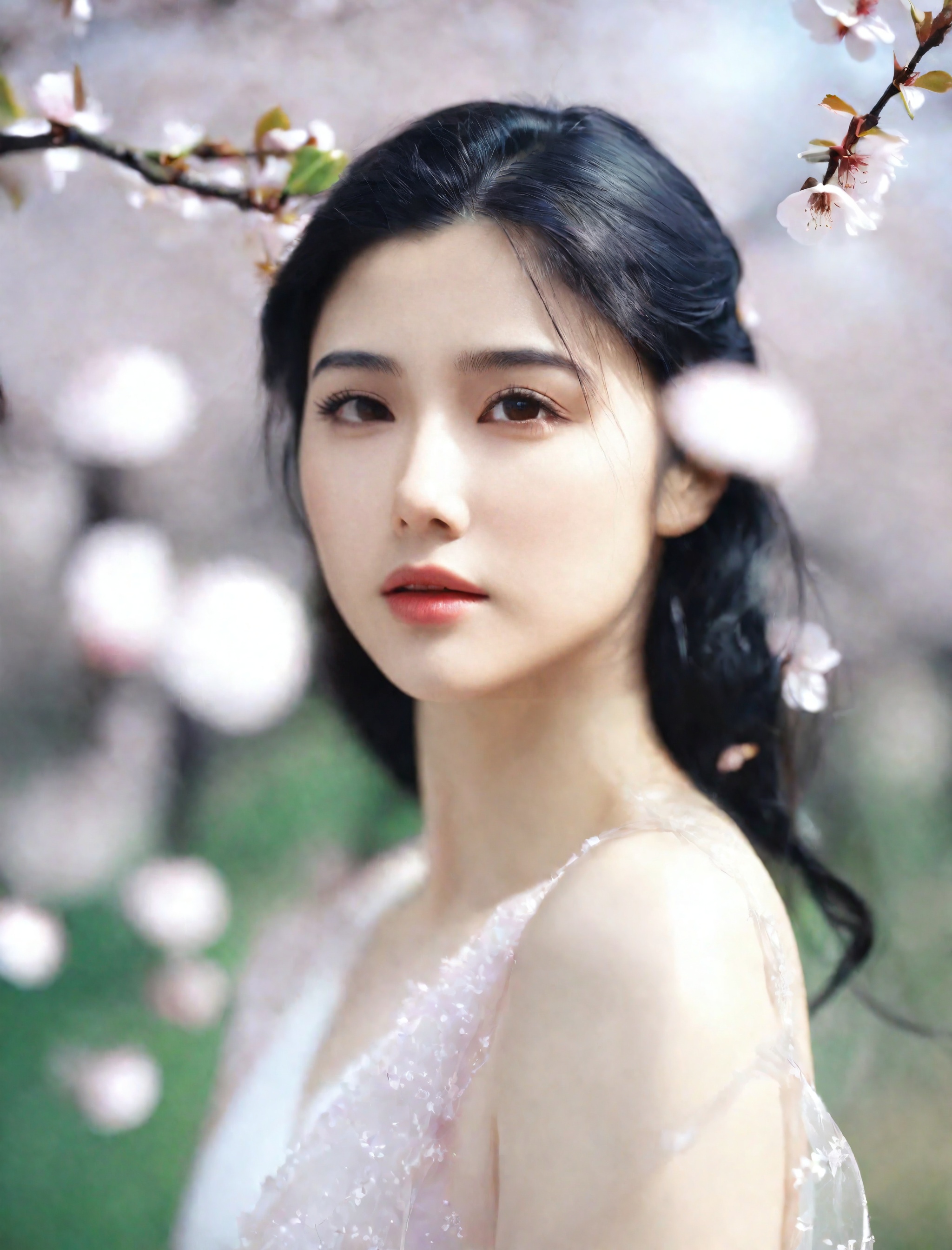 cinematic film still cinematic film still portrait,surrounded by floating cherry blossom petals in a soft breeze,a girl looks at the camera,artistic conception photography,high quality,32k,detailed face details,absurdres,asian girl,upper_body,a girl with a dreamy expression,black hair,vignette,highly detailed,high budget,bokeh,cinemascope,gorgeous,film grain,grainy, . shallow depth of field, vignette, highly detailed, high budget, bokeh, cinemascope, moody, epic, gorgeous, film grain, grainy