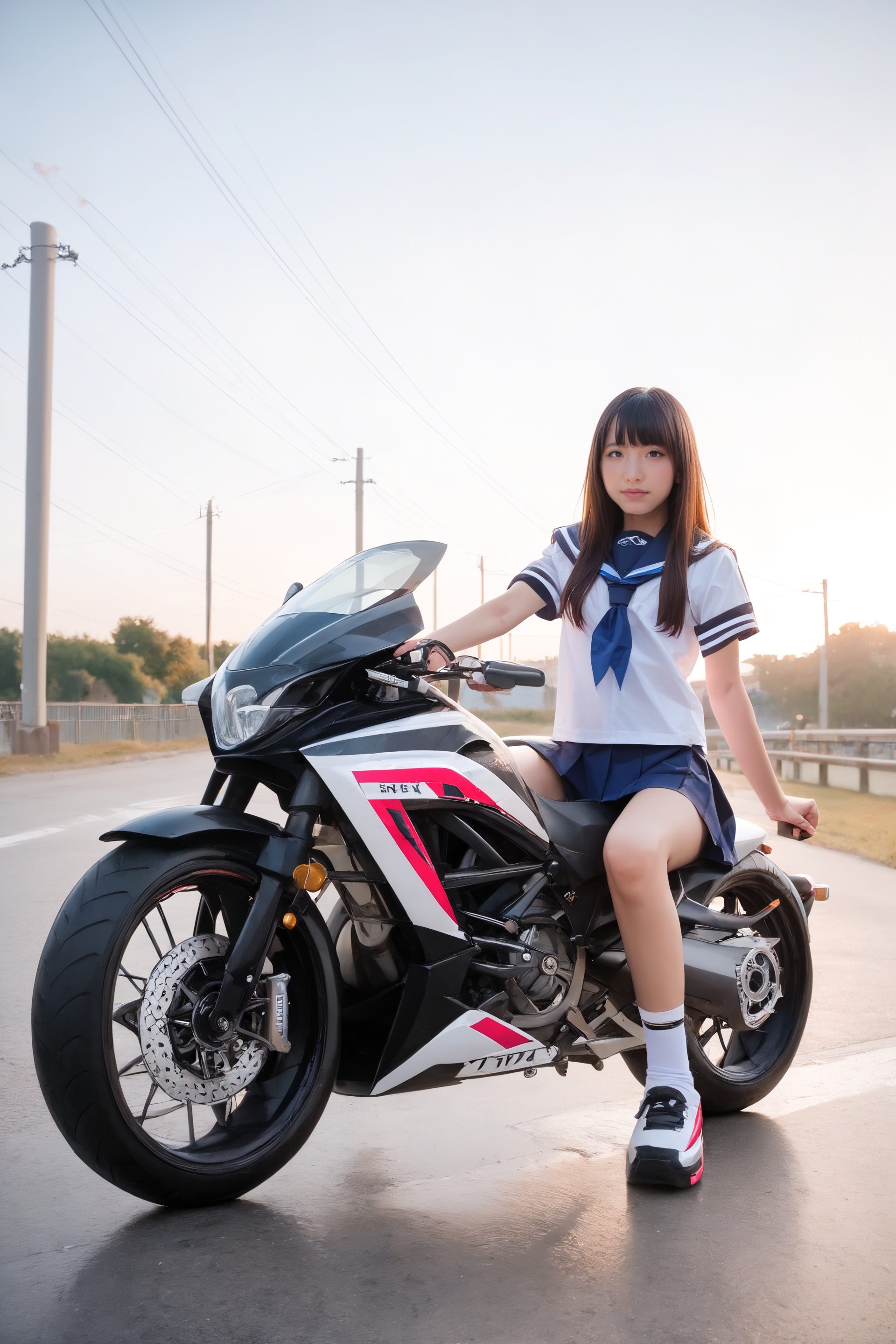 score_9, score_8_up, score_7_up, score_6_up, rating_explicit, 8k, ultra detailed, perfect anatomy, beautiful lighting, uncensored, pretty, beautiful, photorealistic, 32mm camera photo, realistic eyes, realistic skin, pores, japanese, 1girl, cute high school girls in uniform (riding racing motorcycles around town:1.5), full body