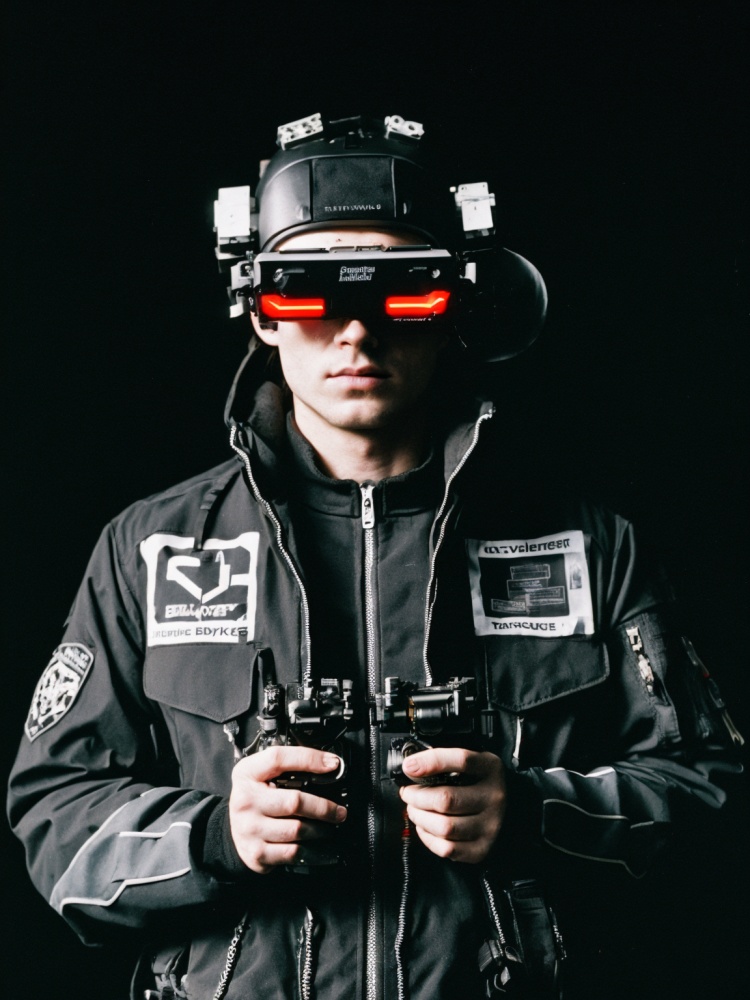 film grain analog photography,cyberpunk, futuristic, person, augmented reality headgear, tactical helmet, night vision goggles, intricate wiring, mechanical components, tactile gloves, technological interface, black bomber jacket,,