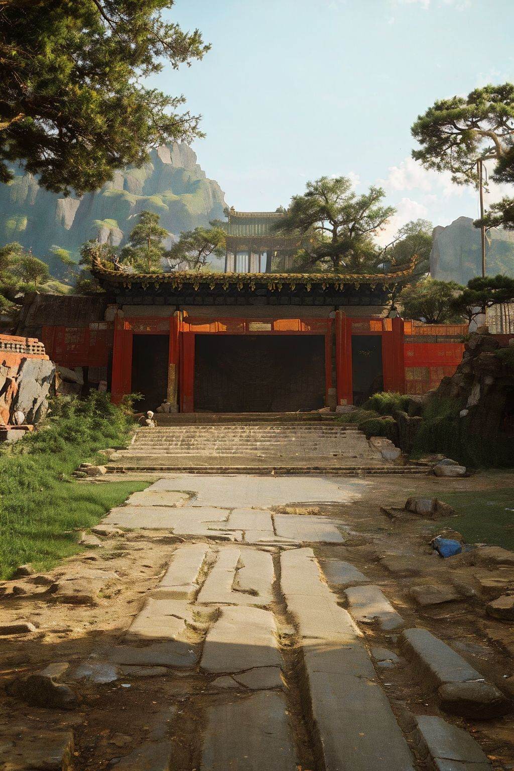 masterpiece,best quality,Chinese style courtyard,scenery,tree,outdoors,no humans,cloud,blue sky,Chinese architecture,