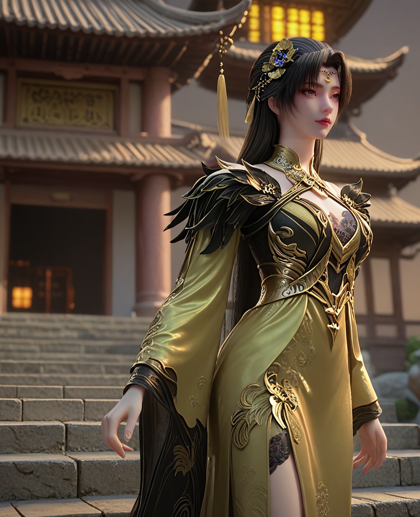 (oriental architecture, elegant decor, sophisticated style:1.1),(dorsiflexion:1.1),(breasts:1.2),<lora:XL16长生界柳如烟:0.95>,miss liuruyan,yellow dress,pink eyes,black hair,long hair,hair ornament,shoulder trim,black lace bra,mole,wide sleeves,overskirt,, score_9,score_8_up,score_7_up,score_6_up,score_5_up,score_4_up,3d rendering,tag1,tag2, Cinematic Lighting,backlighting,