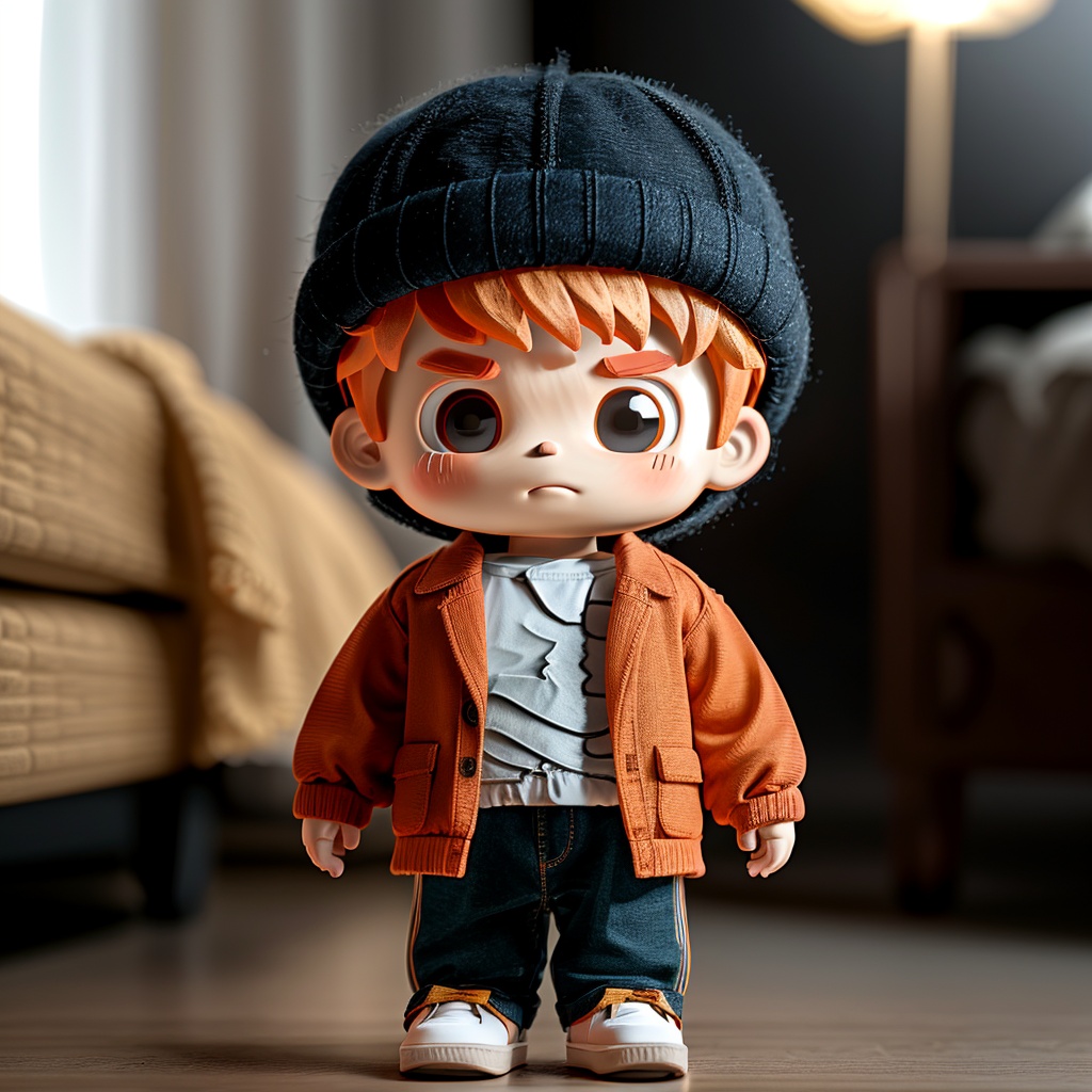 maoxr,1boy,blurry background,solo,pants,male focus,orange footwear,looking at viewer,sweater,denim,full body,jacket,orange hair,standing,long sleeves,black eyes,jeans,blush,arms at sides,personification,straight-on,closed mouth,open clothes,sneakers,blue pants,indoors,<lora:MAOXR-1.5:0.75>,