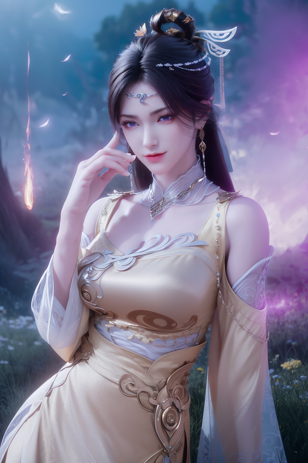 (8k, RAW photo, best quality, masterpiece:1.2),(super realistic, photo-realistic:1.3),ultra-detailed,extremely detailed cg 8k wallpaper,hatching (texture),skin gloss,light persona,(crystalstexture skin:1.2),(extremely delicate and beautiful),ultra-high resolution,surrealism,fantastical verisimilitude,fantastical creation,thriller color scheme,surrealism,abstract,psychedelic,1girl,solo,bare shoulders,very long hair,windy,shiny hair,light,shiny,(purple eyes,glowing eyes:1.2),heterochromia,colored contact lenses,jewelry,earrings,hair ornament,fireflies,light particles,sky,(breasts, medium breasts, cleavage:1.2),(cheongsam:1.2),(European style rooms,aristocratic rooms,European style sofas:1.2),jpe-hd,<lora:0518金瓶儿:0.8>,ll-hd,<lora:1111白皙质感:0.5>,ty-hd,<lora:0110田野:0.6>,
