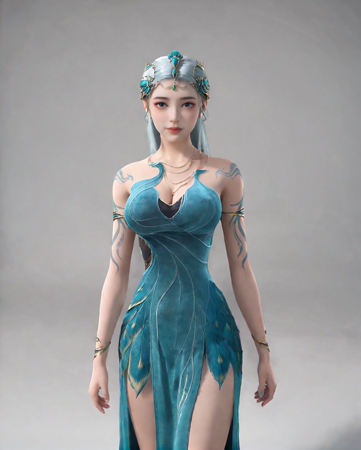 <lora:SF_QinYao_Pony_Realism-000003:0.7>,hair ornament,DarkCyan dress,1girl,large breasts,standing,solo,looking at viewer,simple background,