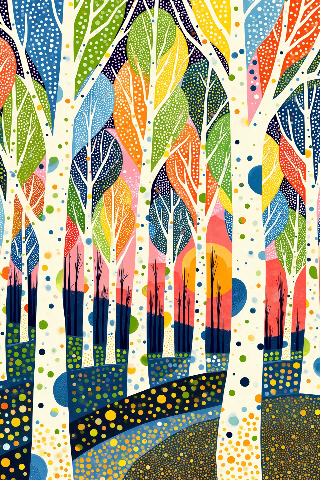 SK,SK,this is a vibrant modern abstract digital illustration. It depicts a fantastical forest with tall slender trees adorned with vibrantly colored leaves featuring polka dot patterns. The leaves shimmer with hues of cornflower blue,moss green,amber orange,and lemon yellow,interwoven and colliding with each other. In the background,there is a gradient sky that transitions from deep navy,reminiscent of a night sky,to warm tangerine,**** a sunset. On the ground,there are ink-black spots scattered **** stars,interspersed with occasional bright golden yellow dots,creating a unique visual rhythm.,