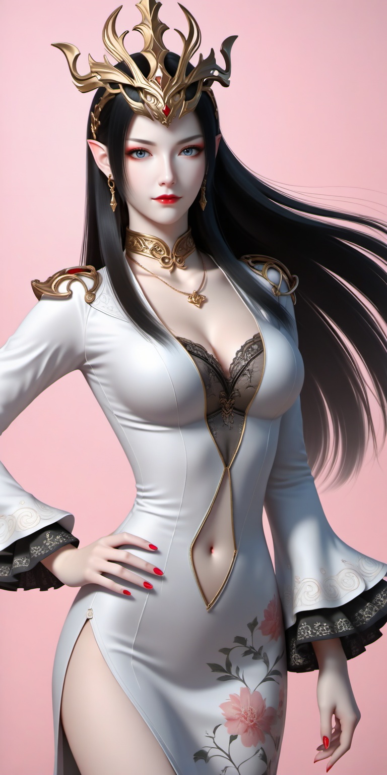 score_9,score_8_up,score_7_up,source_anime,Close-up details,realistic style photo young woman,red eyeshadow,mature_female,red lipstick,makeup,long hair,black hair,earrings,pointy ears,grey eyes,crown,<lora:美杜莎女王0.0741:0.7>,meidusha,meidusha,1girl,solo,jewelry,pointy ears,dress,black hair,red dress,long hair,earrings,breasts,clothing cutout,navel,blue eyes,red nails,hand on own hip,hair ornament,looking at viewer,navel cutout,necklace,cleavage,closed mouth,long sleeves,side slit,frilled sleeves,51,whirls of vapor,iridescent textures,(Anime:1.1),soft neon light,ethereal ambiance,delicate details,magical atmosphere,concept art,highly detailed,ultra-high resolution,32K UHD,sharp focus,best-quality,masterpiece,golden hour,unconventional supreme masterpiece,masterful details,temperate atmosphere,with a high-end texture,in the style of fashion photography,cover,Dynamic Angle,Dynamic posture,cover,Dynamic Angle,Dynamic posture,Printed cheongsam,A shot with tension,(Visual impact,giving the poster a dynamic and visually striking appearance:1.2),impactful picture,(masterpiece, best quality:1.2),offcial art,colorful,splash of color,movie perspective,advertising style,slender face,