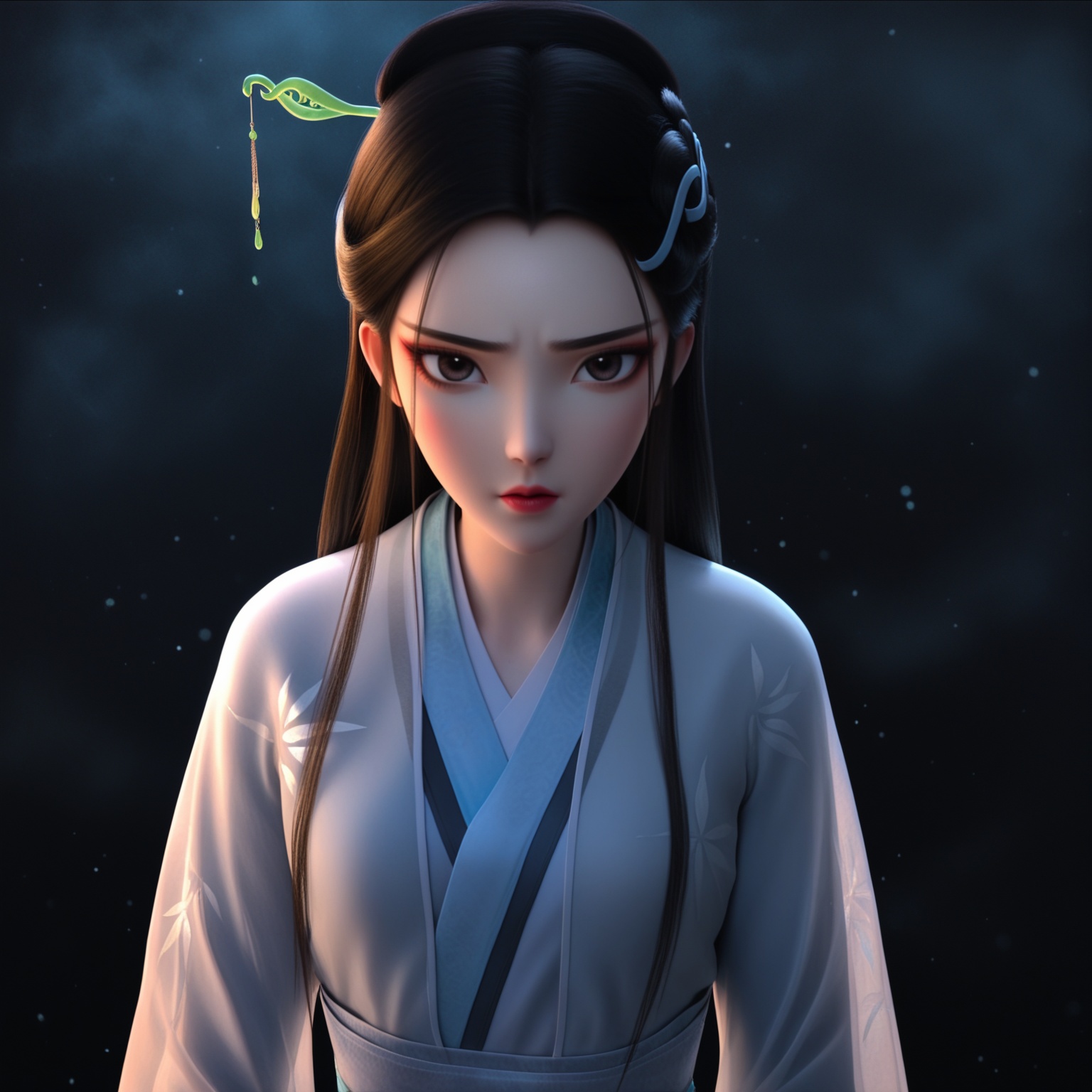 (score_9),masterpiece,best quality,absurdres,highres,(white_skin),light_skin,BREAKcollarbone,<lora:白素贞-ill:0.82>,1girl,solo,long hair,black hair,hair ornament,hairpin,hair ribbon,hanfu,maple leaf print,looking at viewer,front view,light blush,face_foucs,BREAKsimple background,black background,Tyndall effect,fog,twig,branch,glowing,sparkle,