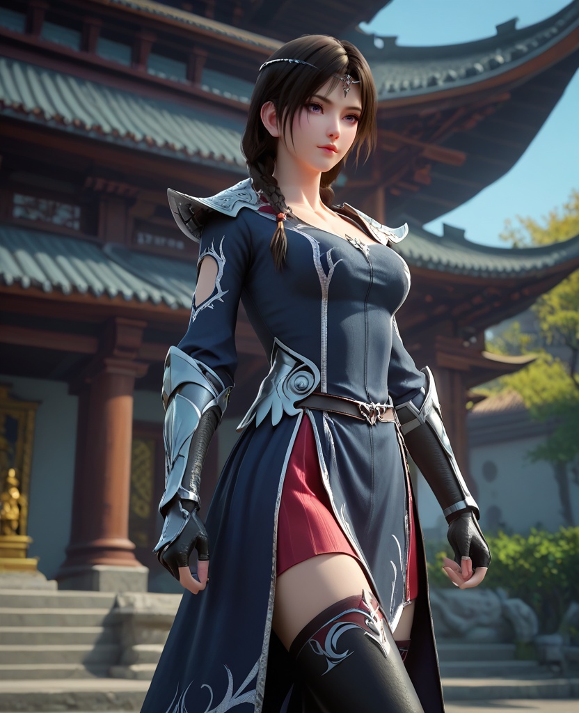 (oriental architecture, elegant decor, sophisticated style:1.1),Zip-lining,(breasts:1.2),<,,<lora:XL16大主宰安然:0.95>,miss anran, blue gray peplum dress, red petticoat, purple eyes, circlet, black hair, braid, long hair, pauldrons, fingerless gauntlet, black high-heeled thigh boots,, zPDXL2, score_9, score_8_up, score_7_up BREAK realistic, masterpiece,best quality, highly detailed,, zPDXL3, zPDXL2,zPDXL, zPDXLxxx, zPDXLrl,