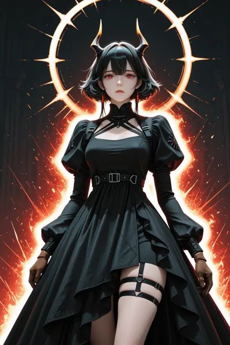 1girl,absurdres,arknights,black_dress,black_hair,brown_gloves,dress,entelechia_\(arknights\),fading,gloves,hair_between_eyes,hair_horns,high-low_dress,highres,juliet_sleeves,long_sleeves,looking_at_viewer,mole,mole_under_eye,puffy_sleeves,red_eyes,short_hair,sleeve_garter,solo,standing,takiren,thigh_strap