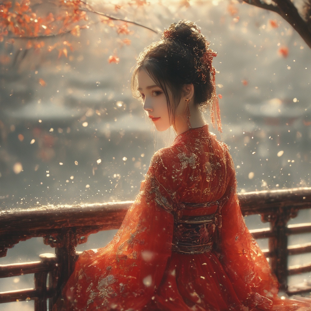 AncheReddressgirl,1girl,solo,architecture,sitting,east asian architecture,hair ornament,blurry,black hair,hair bun,single hair bun,railing,long sleeves,chinese clothes,outdoors,dress,red dress,<lora:AnchemixReddressgirl-000009:1>,