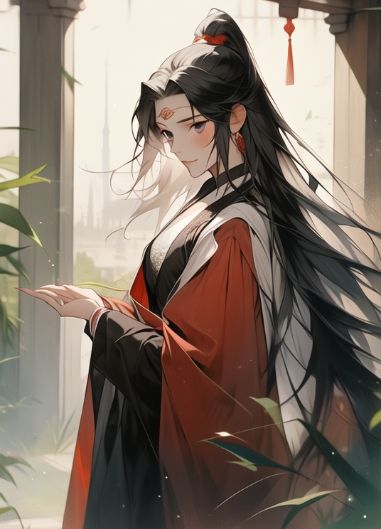 A girl with long hair, red dress, facing the audienceguo feng