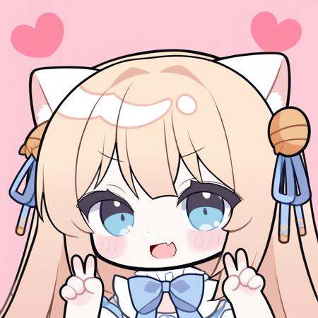 <lora:QQ-trtinadaa_noob11-xl-000020:1>,xiaonanniang,1girl,solo,bell,double v,v,animal ears,blonde hair,hair bell,hair ornament,fang,long hair,open mouth,smile,bow,heart,looking at viewer,skin fang,blue eyes,jingle bell,blush,ribbon,:d,blue bow,cat ears,pink background,hair ribbon,hands up,masterpiece,best quality,