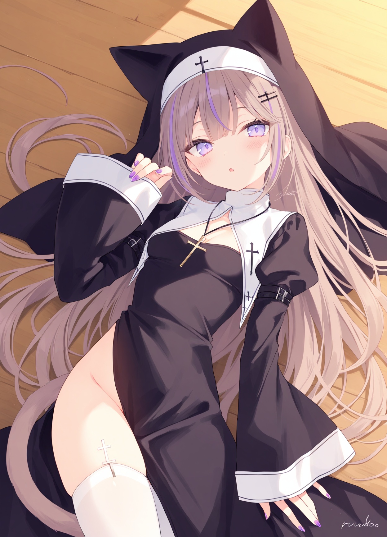 rurudo,1girl,solo,purple eyes,brown hair,tail,long sleeves,breasts,animal ears,cat tail,cat ears,thighhighs,long hair,purple nails,nail polish,parted lips,nun,cross,looking at viewer,sleeves past wrists,white thighhighs,bangs,streaked hair,black dress,wide sleeves,puffy sleeves,dress,medium breasts,juliet sleeves,hair ornament,groin,blush,very long hair,purple hair,on back,habit,lying,multicolored hair,fake animal ears,hand up,:o,cleavage,signature,cat girl,latin cross,no panties,hairclip,cross necklace,small breasts,