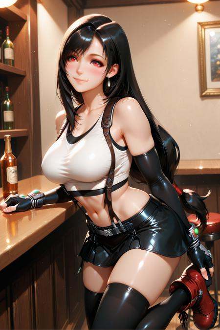 iltifa03, 1girl, tifa lockhart, bar \(place\), thighhighs, solo, breasts, skirt, red footwear, long hair, suspenders, gloves, navel, fingerless gloves, crop top, suspender skirt, black thighhighs, red eyes, black skirt, black hair, large breasts, low-tied long hair, smile, earrings, elbow gloves, white **** top, zettai ryouiki, midriff, bottle, blush, jewelry, black gloves, **** top, bare shoulders, closed mouth, indoors, miniskirt, bar stool<lora:illustrious Tifa 03-1024x1600:1>,