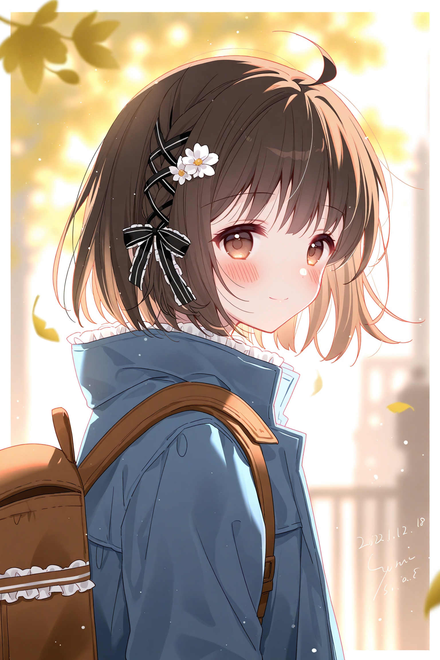 1girl, bag, solo, braid, ribbon, hair ribbon, backpack, looking at viewer, smile, blush, brown eyes, brown bag, upper body, short hair, ahoge, brown hair, black ribbon, jacket, closed mouth, coat, blurry, from side, frilled ribbon, blue coat, looking to the side, hair ornament, frills, dated, side braid, blurry background, white border, falling leaves, flower, border <lora:lp22:0.8>