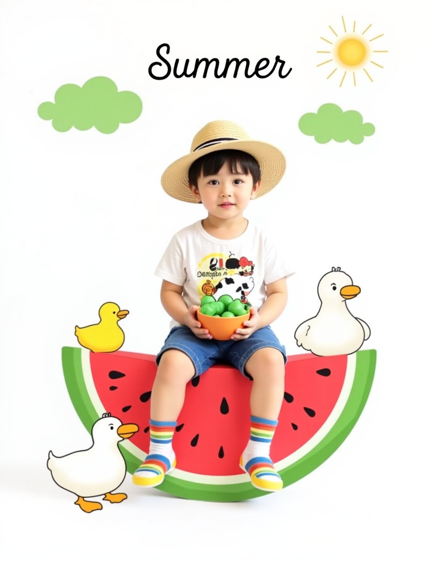 The image is a digitally created photograph featuring a young boy sitting on a large, cartoonish watermelon slice. The background is a plain white, creating a clean and bright setting. The boy, who appears to be around 3-5 years old, has short dark hair and a light skin tone. He is wearing a wide-brimmed straw hat, a white T-shirt with a colorful graphic of a cow and text, and blue shorts. His feet are adorned with colorful socks featuring a rainbow pattern.In his hands, he holds a bowl filled with green fruit, possibly melon slices. The watermelon slice he is sitting on is red with black seeds and has a whimsical, cartoonish appearance. Surrounding the image are playful, hand-drawn elements including green clouds, a yellow duck, and a white goose. The text "Summer" is written in a playful, cursive font at the top of the image, with a pair of ducks and a sun drawn next to it. The overall style is bright and cheerful, with a focus on playful, child-friendly designs and colors. The image exudes a summery, carefree vibe, perfect for a children's book or a playful summer-themed advertisement.<lora:wajiajia12:1>