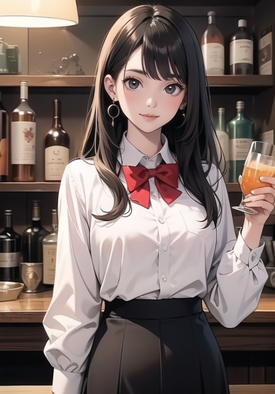 (best quality), ((masterpiece)), (highres), illustration, original, extremely detailed,1girl, solo, long hair, black hair, bartender, looking at viewer, cup, smile, bottle, drinking glass, bow, bar \(place\), skirt, bowtie, shirt, alcohol, pale skin, long sleeves, cocktail glass, white shirt, black eyes, very long hair, bangs