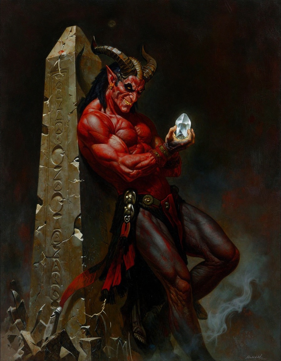 The demon Ob Nixilis a cruel smile on his lips. the angle emphasizes the powerful sweep of his horns. Painting. on Tensor.Art