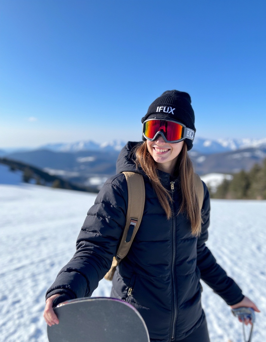 The image shows a person dressed in winter sports gear,including a black beanie with the word "FLUX" on it and a pair of goggles. happy,They are standing on a snowy landscape with a clear blue sky in the background. The person appears to be preparing for or taking a break from snowboarding,as suggested by the presence of a snowboard in the foreground. The overall scene conveys a sense of adventure and outdoor activity in a cold,mountainous environment,