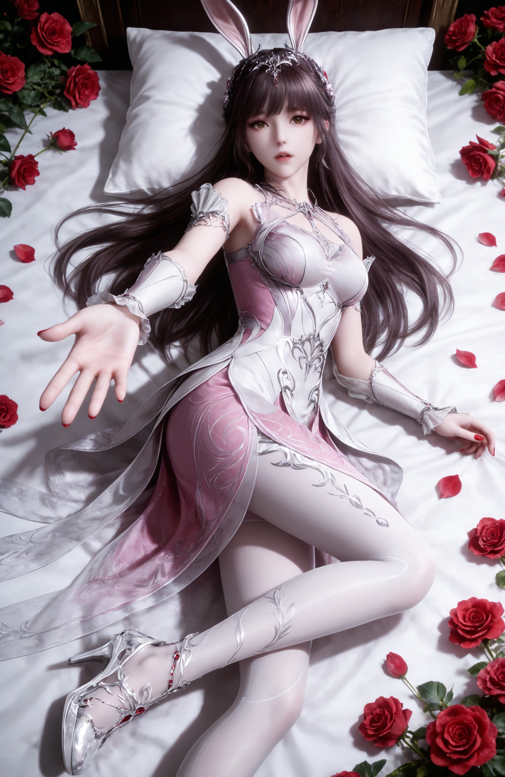 <lora:斗罗大陆-小舞IL2:0.7> 1girl, long hair, brown hair,brown eyes, hair ornament, rabbit ears, pink dress, metal collar, bare shoulders, white pantyhose, high heels, 1girl,solo,lying,flower,,looking at viewer,rose,red nails,parted lips,red rose,nail polish,see-through,outstretched arm,outstretched hand,breasts,reaching towards viewer,