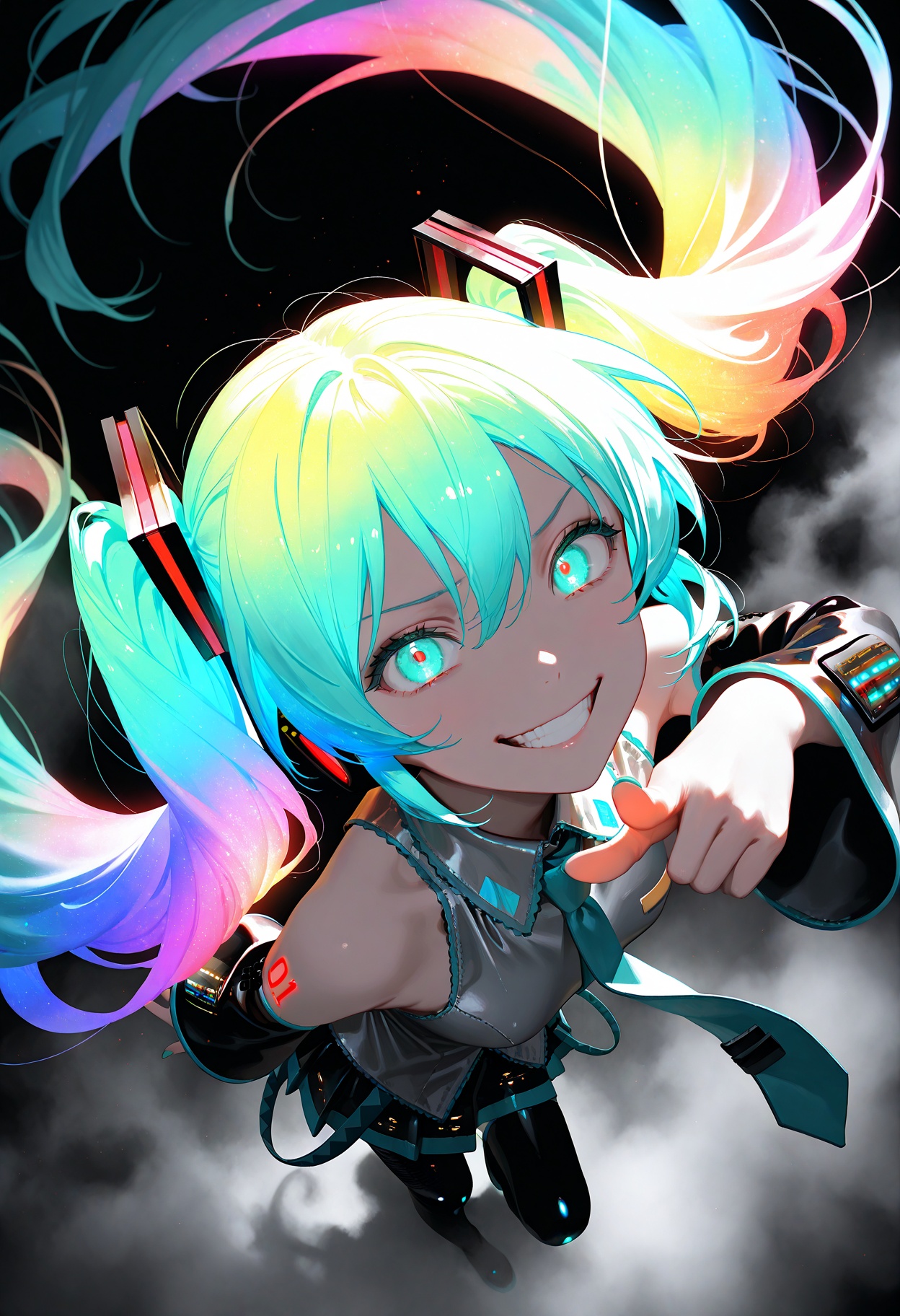 masterpiece,best quality,amazing quality,very aesthetic,absurdres,newest,impactful picture,offcial art,movie perspective,(aos:0.5),(fajyobore:0.5),(chiaroscuro:0.5),Hatsune Miku,limited palette,black background,colorful,vibrant,glowing outline,neon,blacklight,looking at viewer,fog,from_side,from_above,face focus,evil_grin,pointing,glowing_hair,brilliant brilliance,