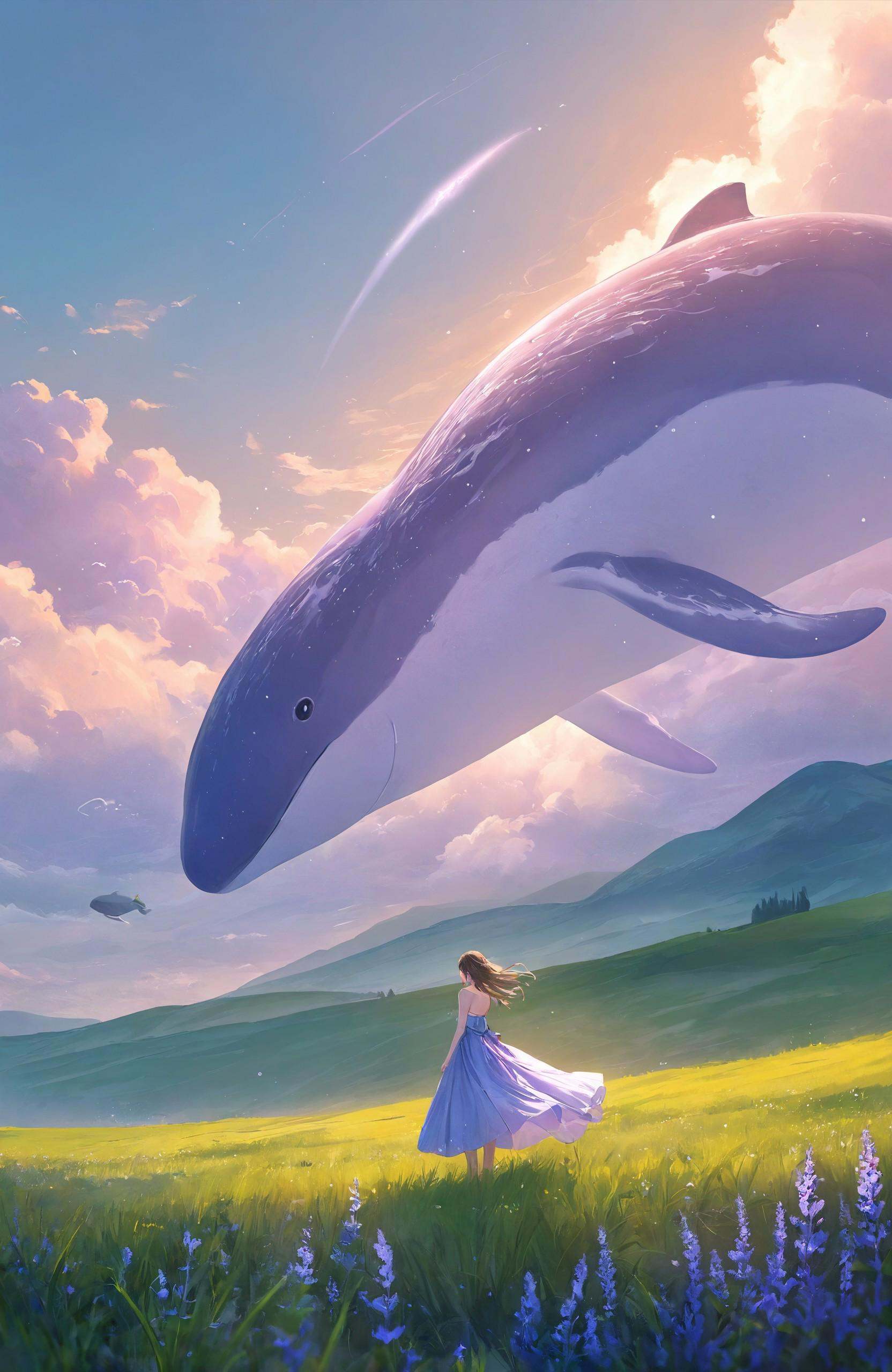 "Surreal fantasy anime art style,  depicting a serene landscape where a giant whale floats gracefully above a misty green...