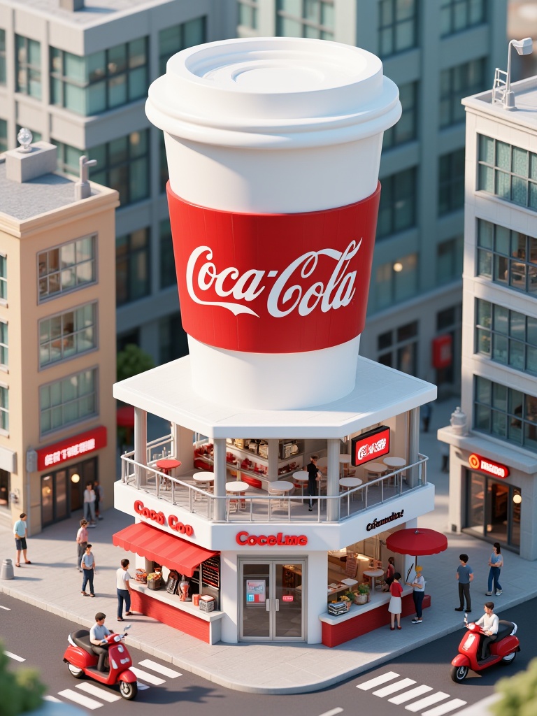 mlmnjd, This is a CGI illustration depicting a modern, white, two-story Coca-Cola kiosk with a large, red-striped cup on the roof. The kiosk is surrounded by a bustling cityscape with diverse buildings, pedestrians, and a red scooter. The kiosk has a Coca-Cola sign and outdoor seating with umbrellas.<lora:迷你街道-L1.04:1>