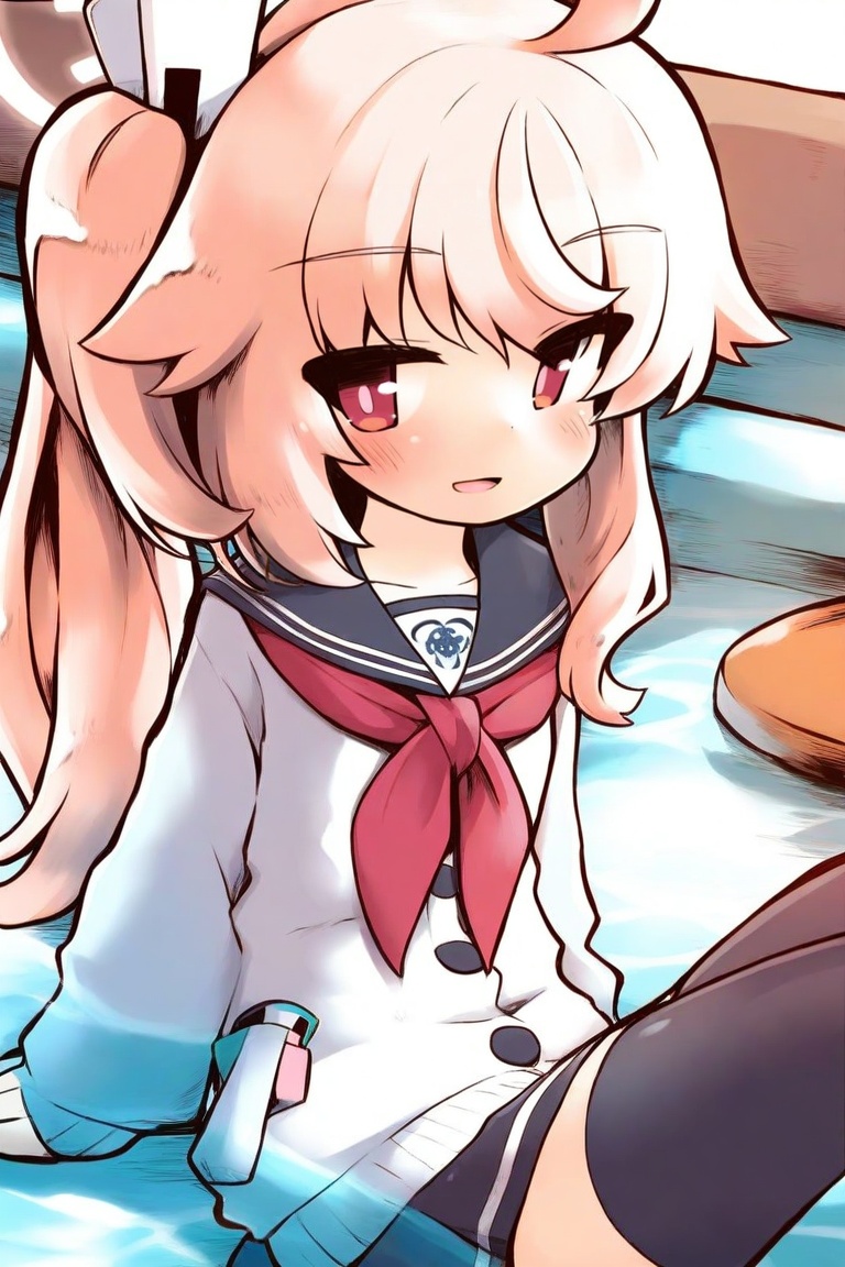 masterpiece,best quality,caustics,<lora:kareyaV1:1.2>,kareya style,1girl,kareya style,1girl,natsu \(blue archive\),serafuku,light smile,upper body,halo,side ponytail,red eyes,white cardigan,loli,black thighhighs,skirt,neckerchief,sailor collar,school uniform,open mouth,long hair,cardigan,ahoge,