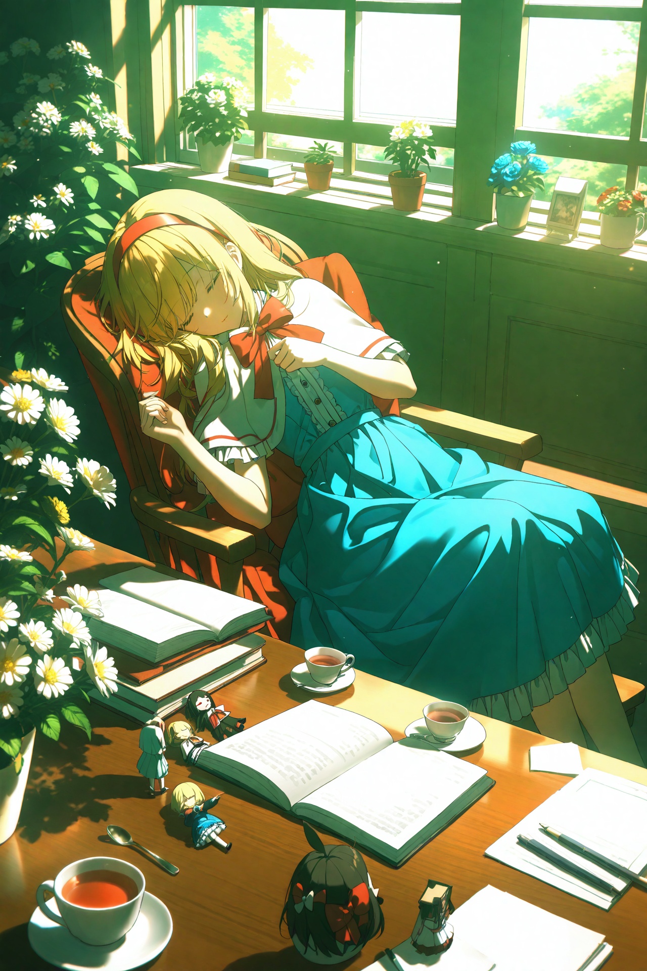 masterpiece,best quality,illustration,ultra detailed,hdr,Depth of field,(colorful),Artist rokusai,shanghai doll,alice margatroid,cup,hairband,closed eyes,bow,window,blonde hair,book,capelet,hair bow,flower,red bow,sleeping,short hair,curtains,plant,dress,long hair,1girl,blue dress,teacup,red hairband,chair,open book,paper,holding,