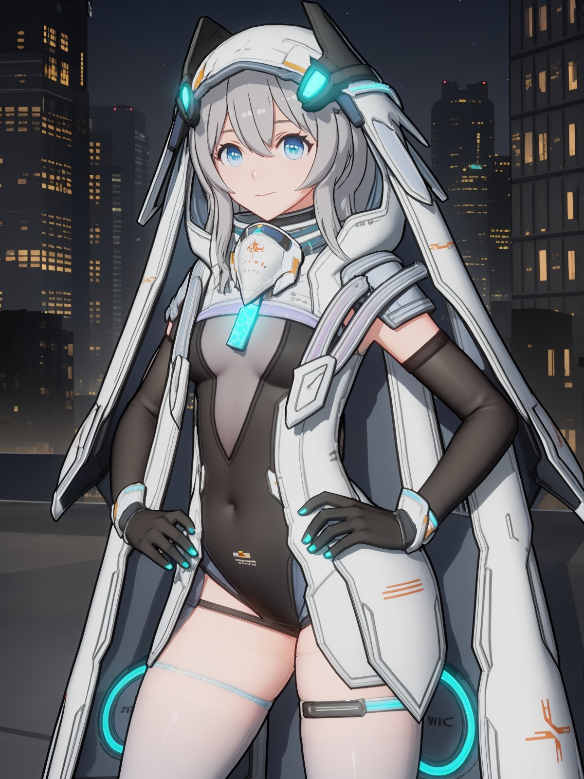SKZYliweitanNC, 1girl, solo,blue eyes, leotard, bangs, elbow gloves, boots, hood, black gloves, hood up, hair between eyes, closed mouth, grey hair, white thighhighs, looking at viewer, headgear, covered navel, small breasts,cloak, <lora:SKZYliweitanNC:0.75>,cityscape, night,