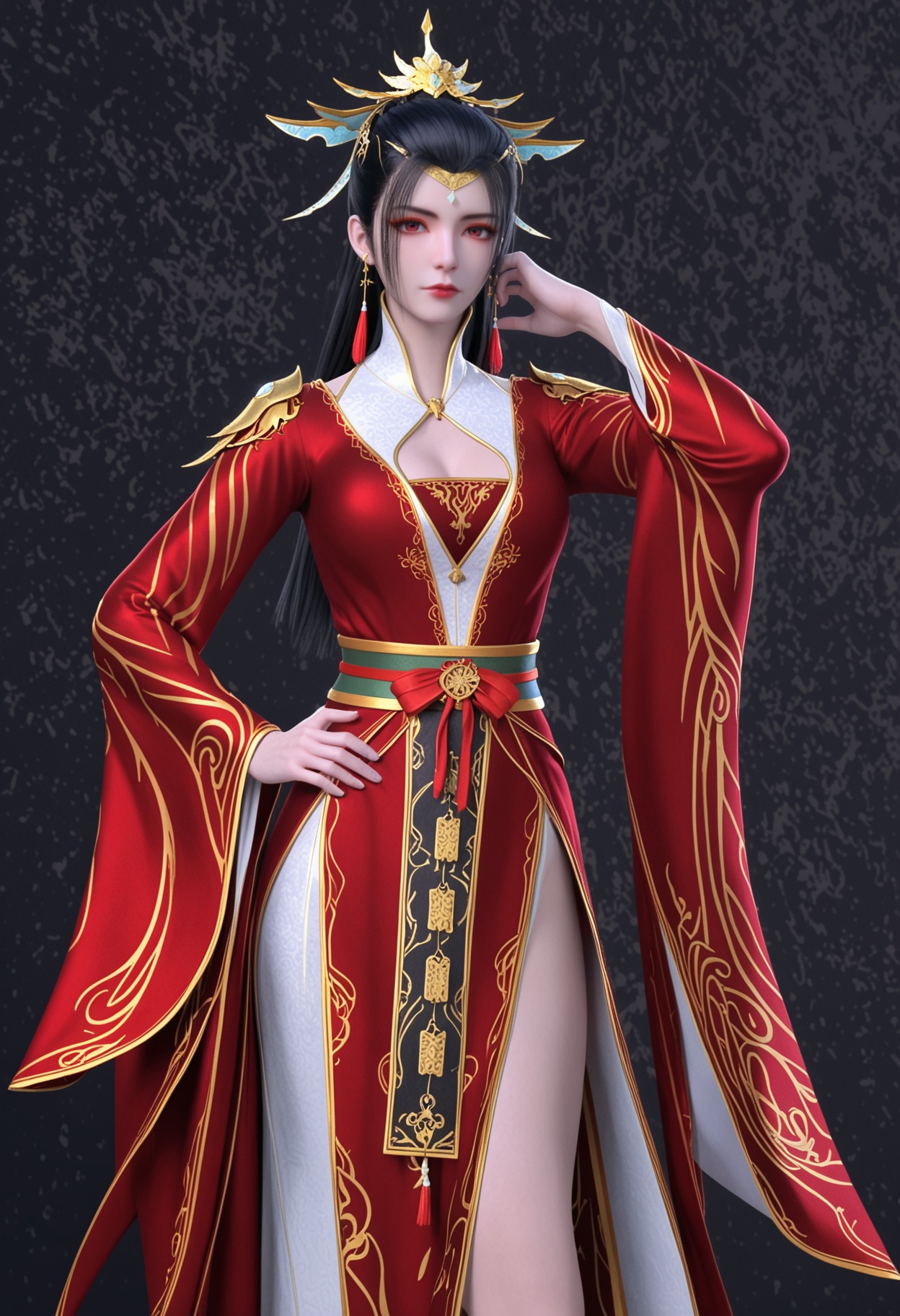 score_9,looking_at_viewer,(large breasts:0.8),1girl,solo,hair ornament,long hair,black hair,earrings,jewelry,dress,red dress,chinese clothes,closed mouth,long sleeves,sash,clothing cutout,cleavage cutout,tassel earrings,red eyes,expressionless,ponytail,high heels,(simple background,pure black background,black background:1.1),perfect_anatomy,<lora:QQSponylinxiuV1:0.8>,