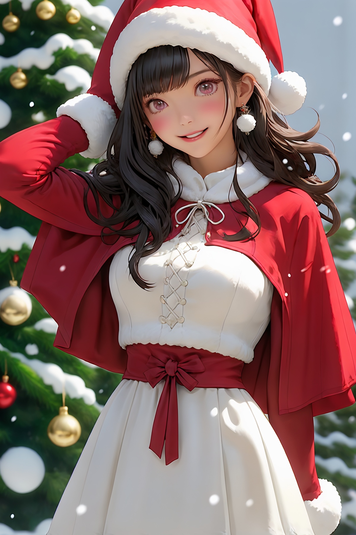 1girl, solo, hat, jewelry, earrings, gloves, long hair, black hair, looking at viewer, dress, santa hat, breasts, pantyhose, red gloves, white dress, smile, parted lips, bell, capelet, cowboy shot, fur trim, bangs, snowing, black pantyhose, christmas, purple eyes, medium breasts, red headwear, snow, standing, blush, red capelet, arm up, ribbon, pom pom (clothes), hand in own hair<lora:shengdan:0.6>,normal fingers,