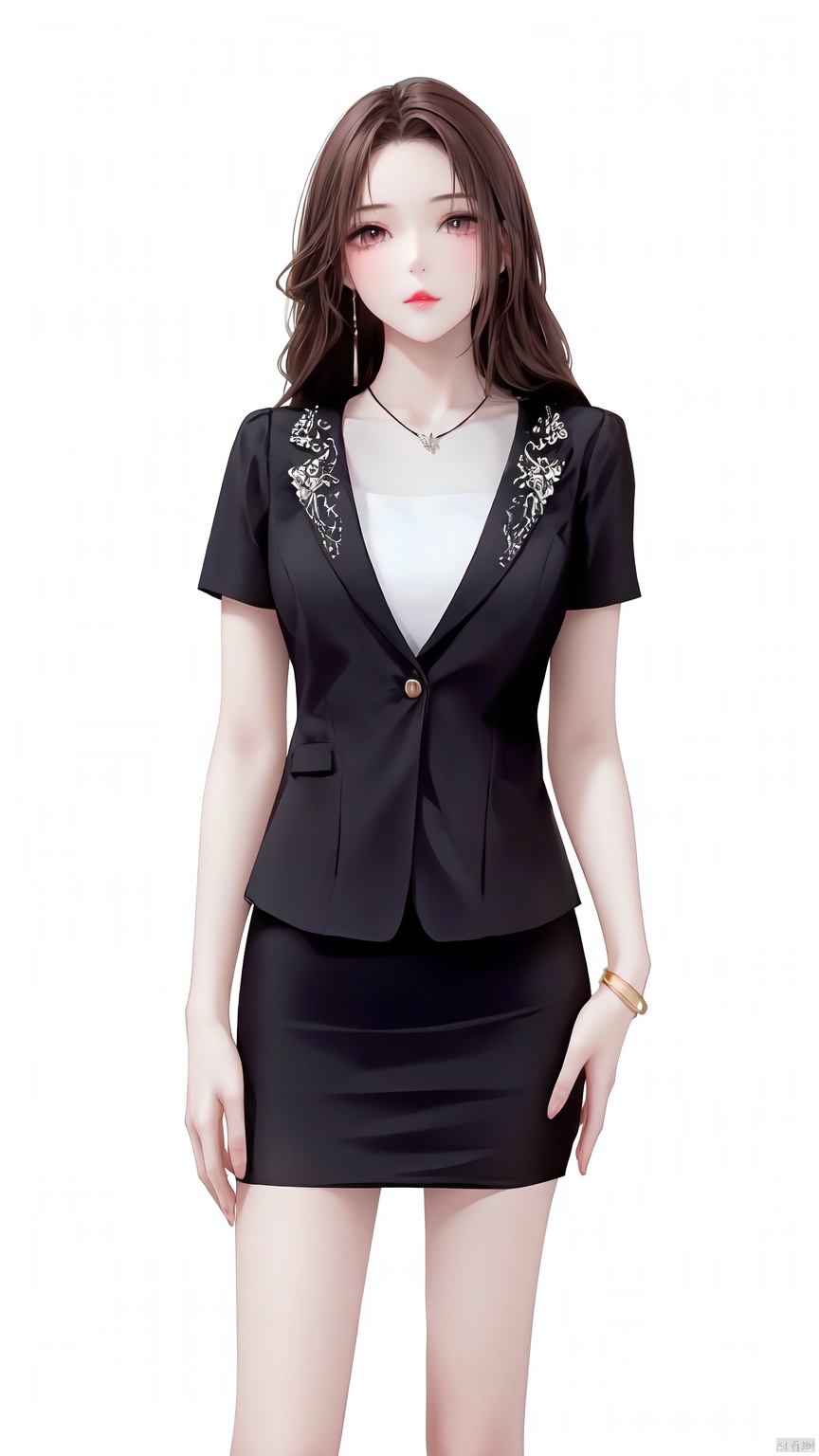 1girl, solo, long hair, looking at viewer, skirt, simple background, brown hair, black hair, white background, jewelry, short sleeves, cowboy shot, earrings, black skirt, necklace, bracelet, formal, pencil skirt, Pink lips——Clear hand contour,Hand intact,Five fingers of the hand are clear, loli, ((poakl))<lora:EMS-93-EMS:0.800000>, <lora:EMS-254762-EMS:0.500000>, <lora:EMS-346315-EMS:0.800000>