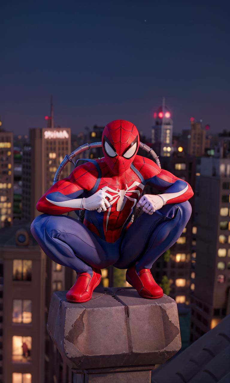 spideyadv2,  man crouching on rooftop gargoyle,  muscular on Tensor.Art
